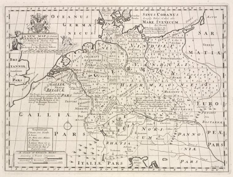 A new map of ancient Germany, Rhætia, Vindelicia, and Noricum, shewing their principal people, tribes, cities, towns, rivers, mountains &c.