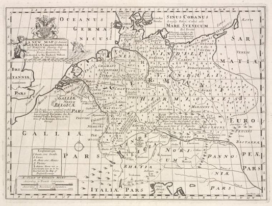 A new map of ancient Germany, Rhætia, Vindelicia, and Noricum, shewing their principal people, tribes, cities, towns, rivers, mountains &c.