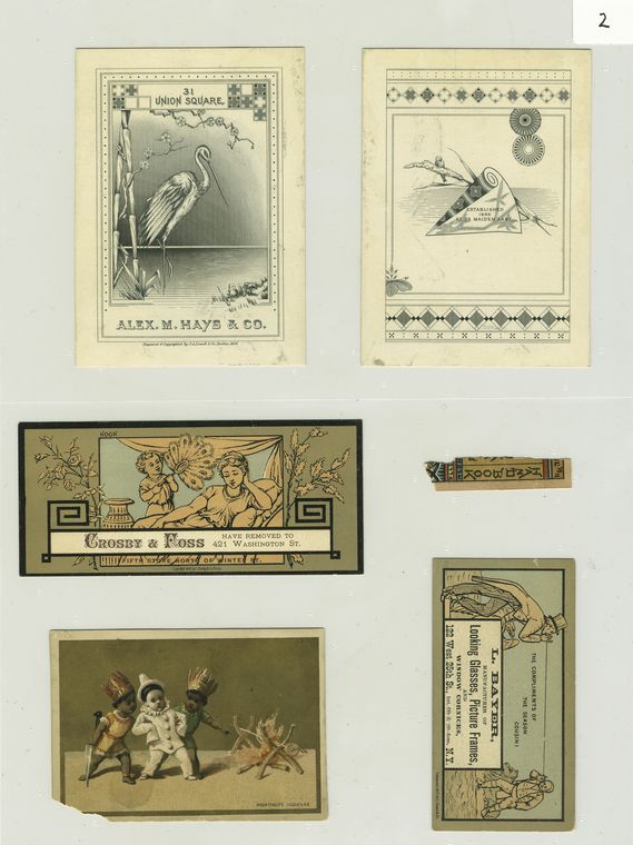 Trade cards depicting storks, fans, children, fire, men, knives; store locations include 31 Union Square, 132 West 25th Street and 375 Broadway.