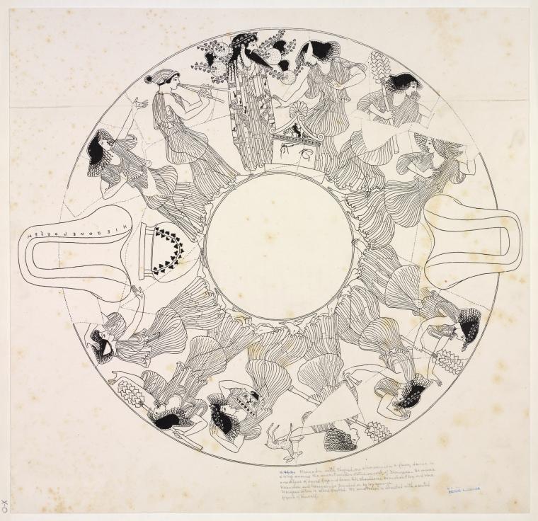 Dionysus and ten Maenads dance in a ring: underside decoration of a kylix