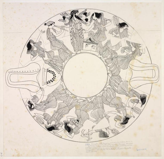 Dionysus and ten Maenads dance in a ring: underside decoration of a kylix