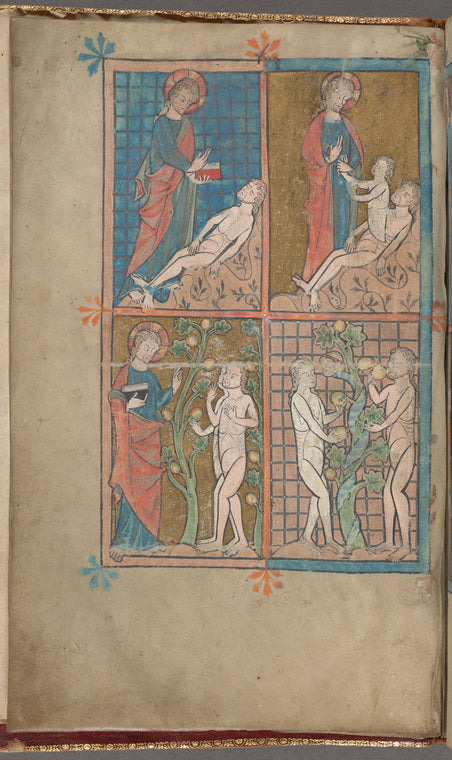 Full-page miniature with four scenes: Creation of Adam; Creation of Eve; God warning Adam and Eve; Adam and Eve eating from the Tree of Knowledge