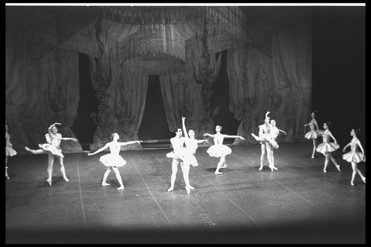 New York City Ballet production of "Divertimento No. 15" with Carol Sumner, Patricia Wilde, Anthony Blum and Mimi Paul, choreography by George Balanchine (New York)