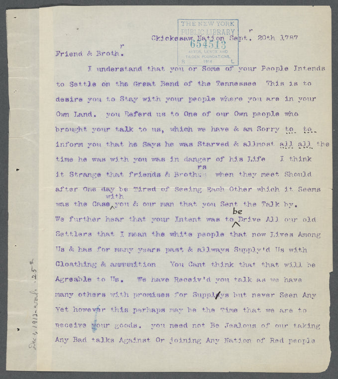 Typed copy of letter from the five principal Kings, Chiefs, and Leaders of the Chickasaw Nation to John Sevier