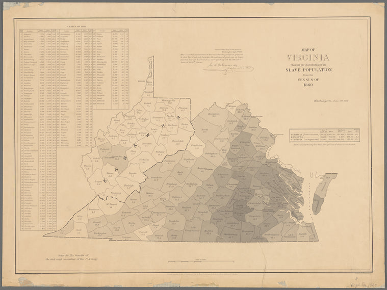 Map of Virginia showing the distribution of its slave population from the census of 1860