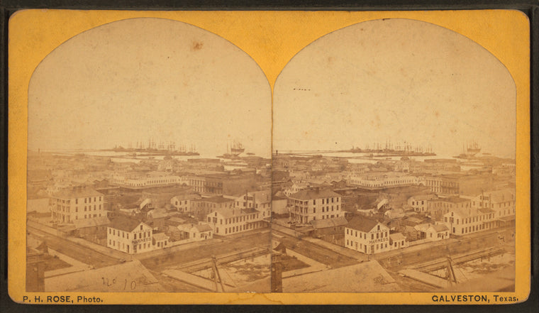 Galveston, Texas. [Bird's eye view of businesses and view of harbor.]