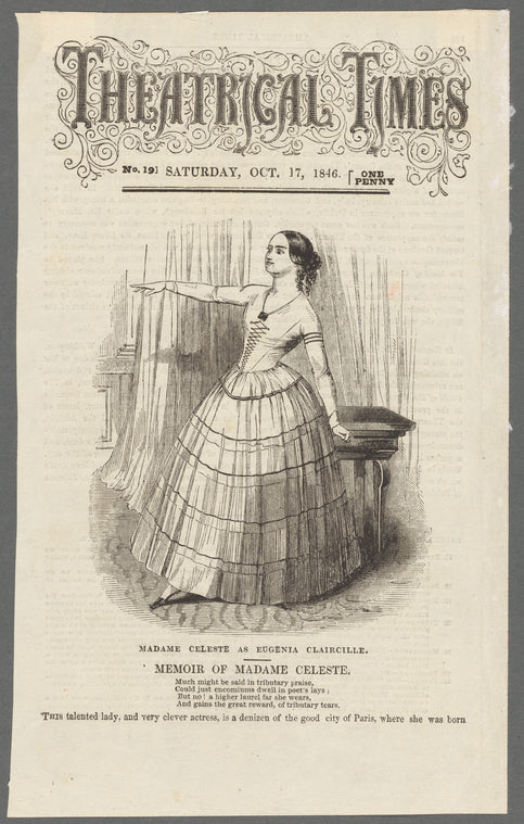 Madame Celeste as Eugenia Claircille [with accompanying article]
