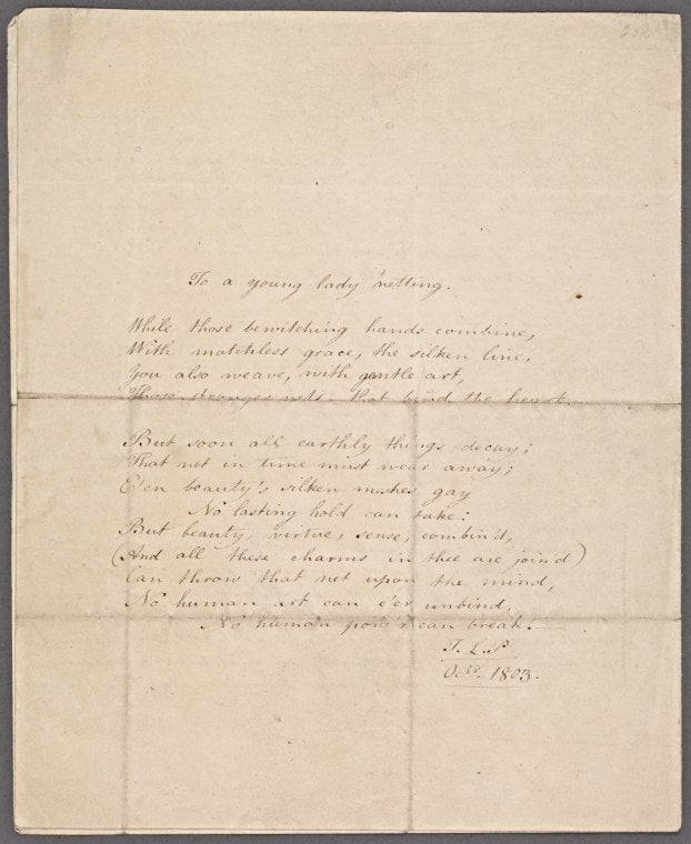 Holograph poem signed, "To a young lady netting"