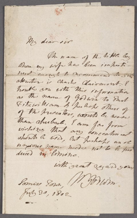 Autograph letter signed to Prince Hoare, 30 July 1802