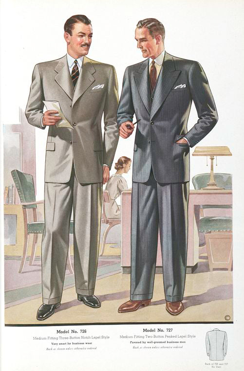 Model No. 726. Medium fitting three-button notch lapel style; Model No. 727. Medium fitting two-button peaked lapel style.