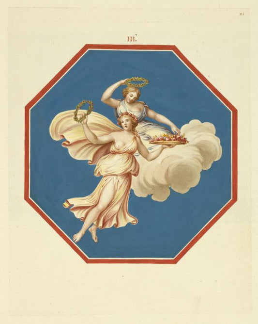 Octagonal painting of two women riding a cloud and holding wreaths and flowers