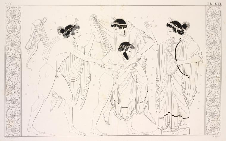 Apollo and Diana come to the rescue of their mother Latona, who is being abducted by Tityus