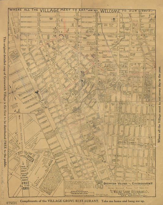 "Where all the Village meet to eat" - An accurate and detailed map of Greenwich Village and Environment.
