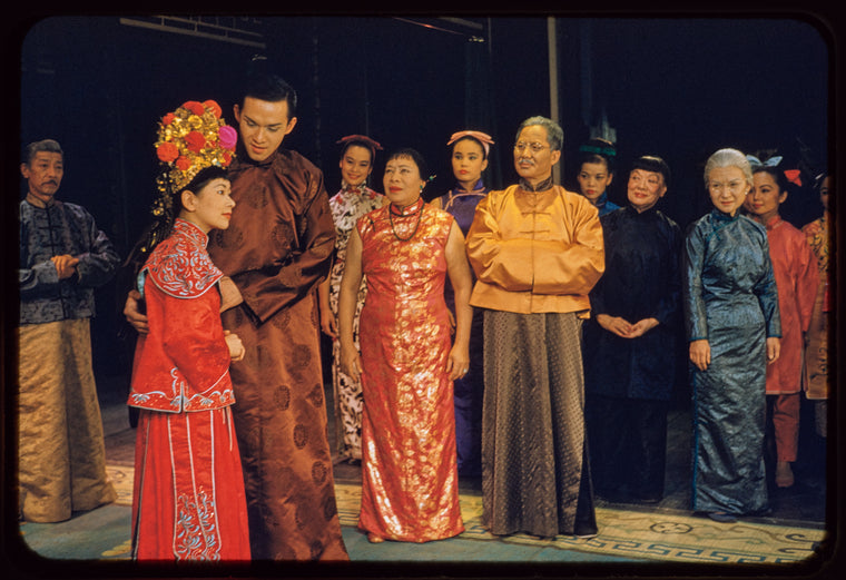 Miyoshi Umeki, Ed Kenney, Juanita Hall, Keye Luke [center] and unidentified others in the stage production Flower Drum Song