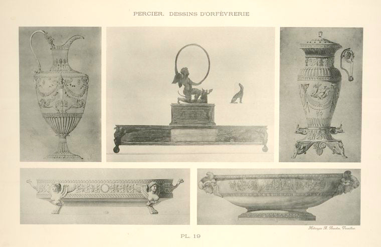 Empire style samovar, wine decanter, and deep dish bowls, engraved with mythological figures