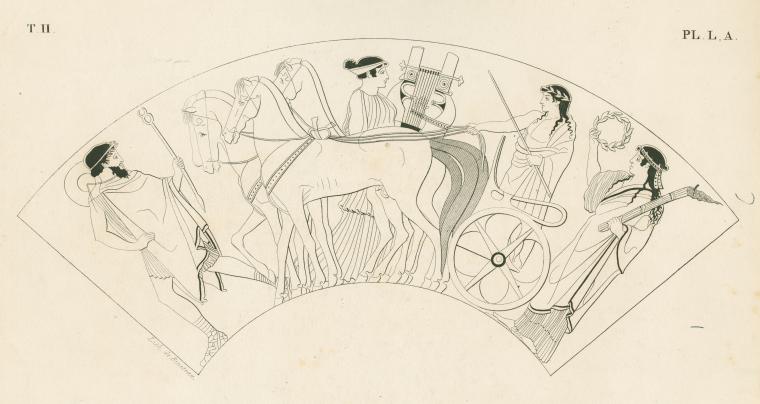 Apollo riding in a quadriga drawn by horses, with Artemis and Hermes