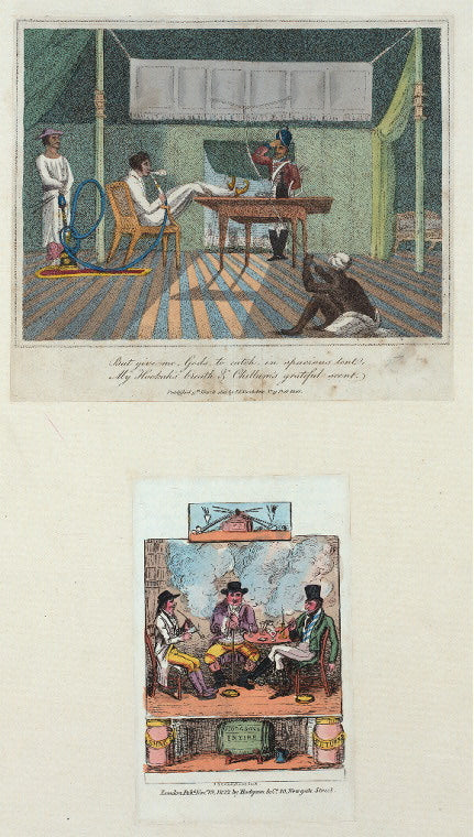 But give me, Gods, to catch, in spacious tent, // My Hookah's breath & Chillum's greatful scent; [Tobacco label for Hodgson's Intire, depicting men smoking long pipes]