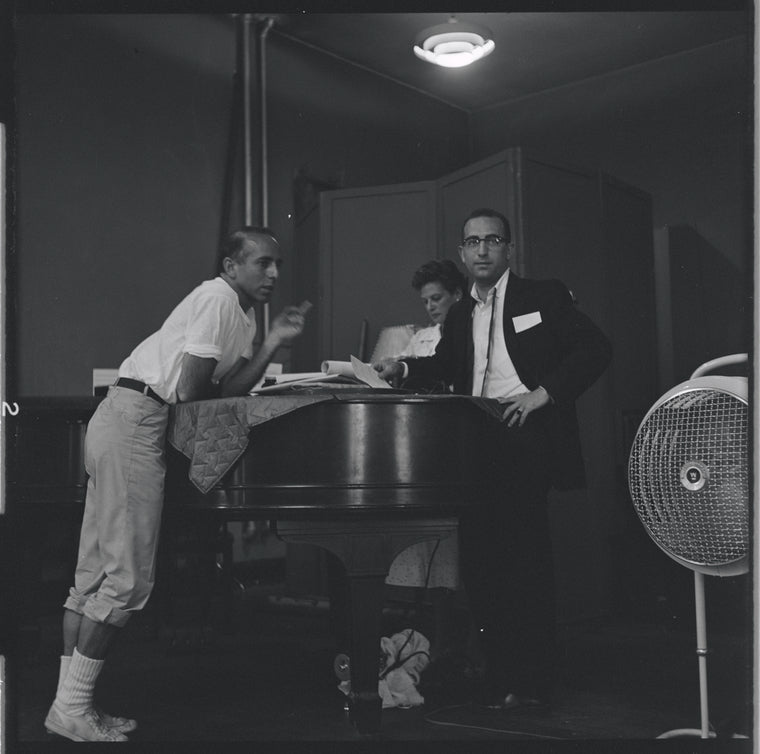 Jerome Robbins, Syliva Drulie and Gerald Freedman[?] during rehearsal for the stage production West Side Story
