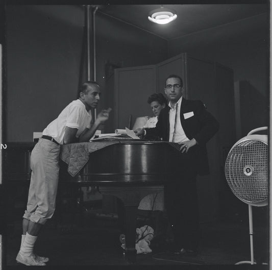 Jerome Robbins, Syliva Drulie and Gerald Freedman[?] during rehearsal for the stage production West Side Story
