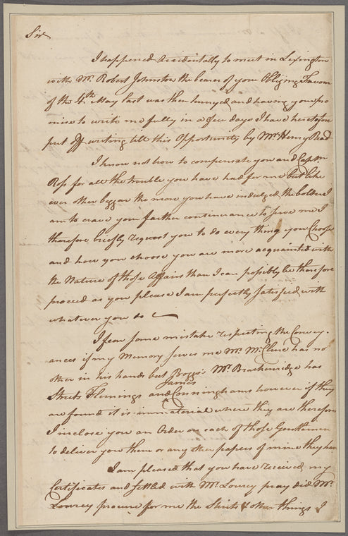 Campbell, John. Falls of Ohio. To Col. Presley Neville