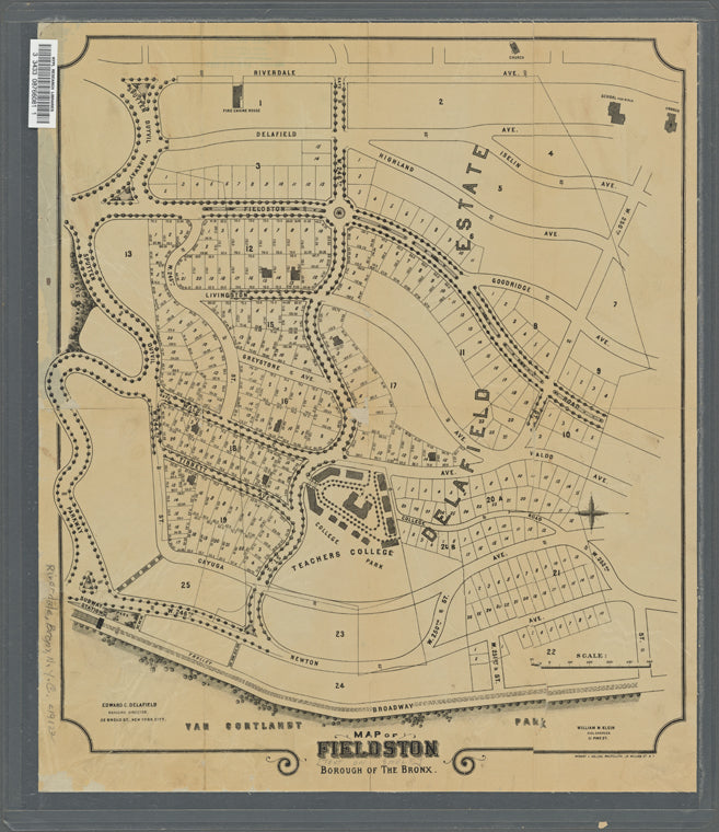 Map of Fieldston, Borough of the Bronx. Delafield Estate, Riverdale-on-Hudson, upper New York City.
