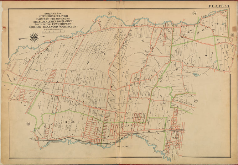 Bergen County, V. 2, Double Page Plate No. 21 [Boroughs of Riverside and Delford parts of the boroughs Hillsdale, Emerson and Orvil, parts of the town ships of Midland, Ridge Wood, Washington]