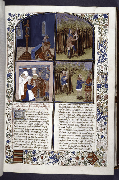 Opening of Book VII, with miniatures showing events in life of Oedipus, rubric, initial, border, coats of arms