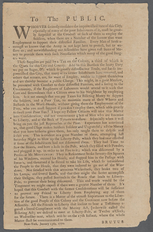 To the public. : Whoever seriously considers the impoverished state of this city; especially of many of the poor inhabitants of it, must be greatly surprised at the conduct of such of them as employ the soldiers