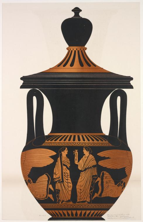 Red-figure lebes gamikos (stand not shown): two women flanked by winged Nikes, one holding an alabastron