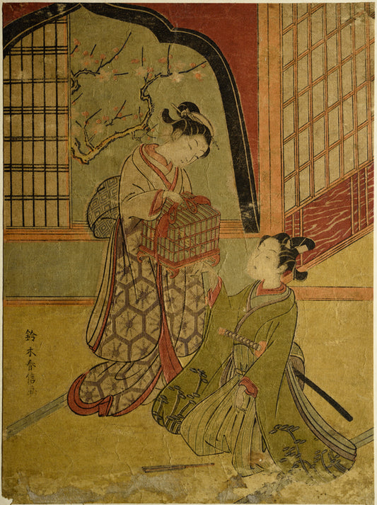 A young woman holding a cage containing a canary, and sitting on the floor before her a young man who is slipping a love letter under the cage.  In the background a branch of an uma tree in bloom appears through the black arch of an open window