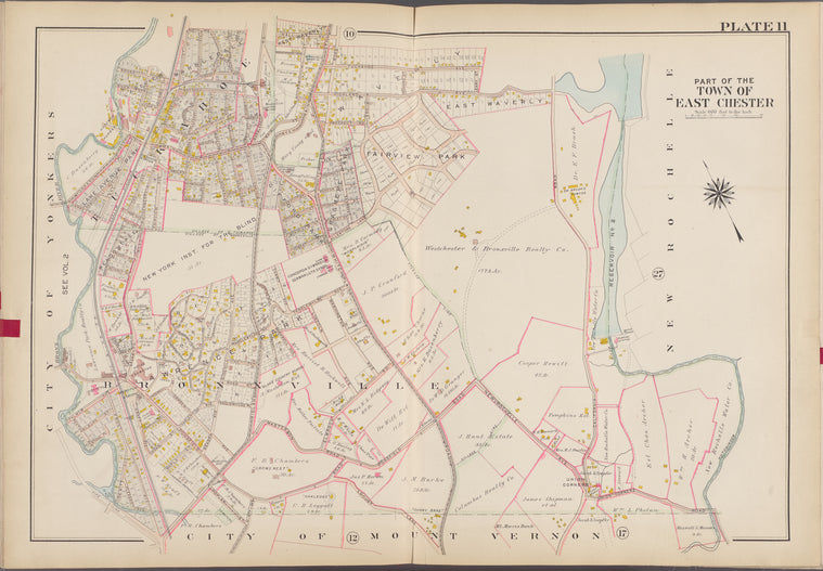 Westchester, V. 1, Double Page Plate No. 11 [Map bounded by New Rochelle, City of Mount Vernon, City of Yonkers]