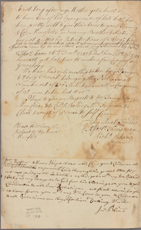 Letter to Theodoric Bland, Appomattox River, Prince George County, Va.