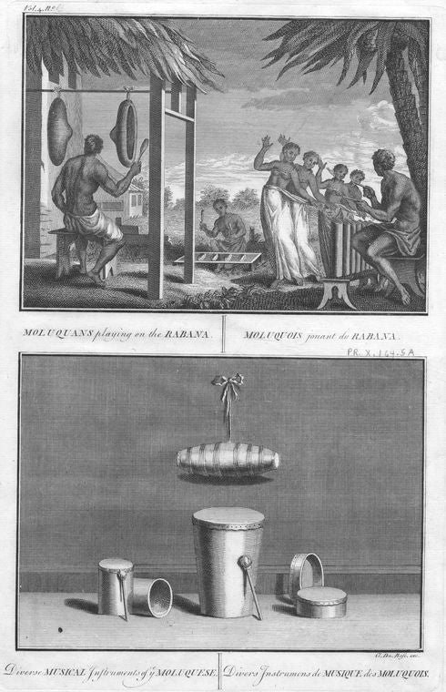 Moluquans playing on the Rabana; Diverse musical instruments of Moluquese.