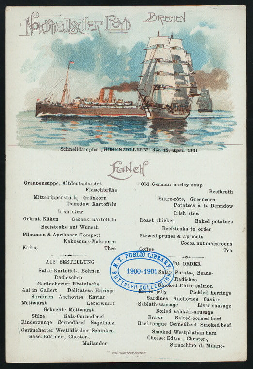 LUNCH [held by] NORDDEUTSCHER LLOYD BREMEN [at] SS HOHENZOLLERN (SS;)