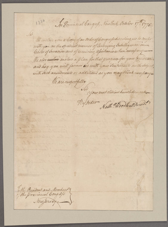 Woodhull, Nathaniel. New York. To Hendrick Fisher and members of the Provincial Congress of New Jersey