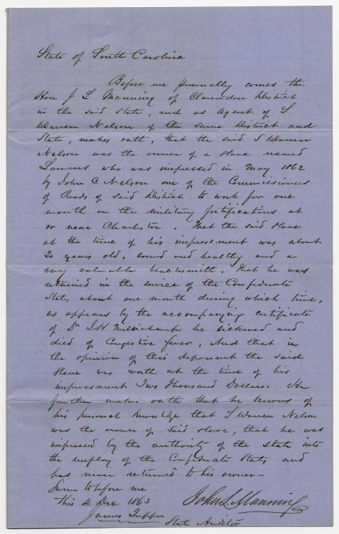 Owner's proof on claim for slave lost in public service