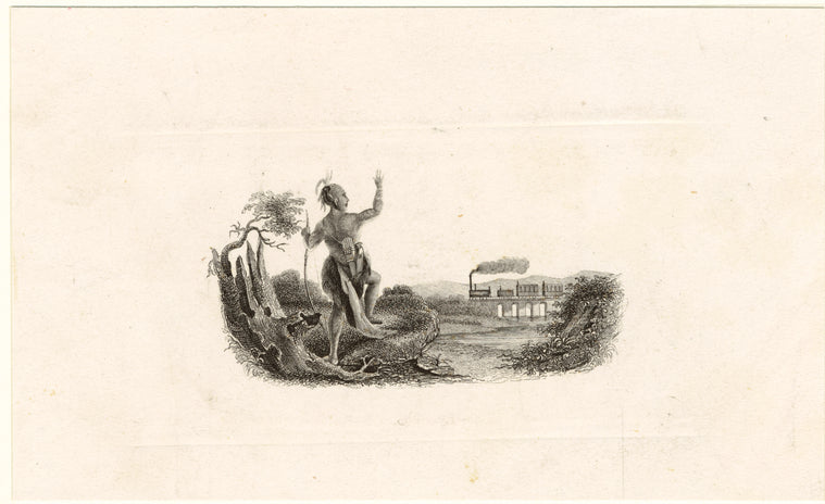 Native American man waving at a steam train crossing a railroad bridge