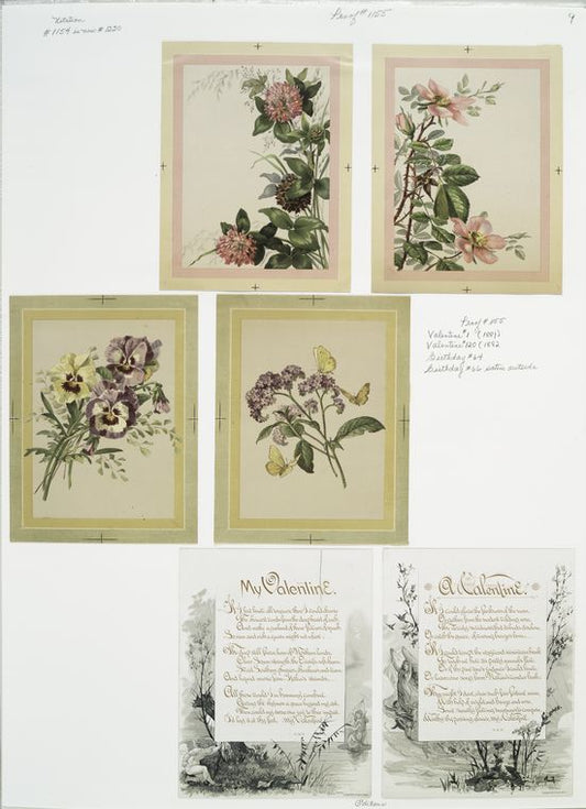 Birthday and Valentine cards depicting flowers, angels and butterflies.
