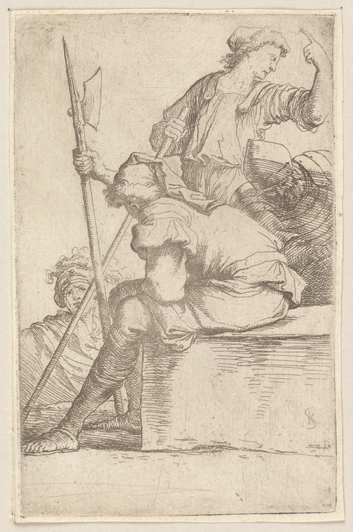 Three Soldiers, One Seated on a Square Block of Stone
