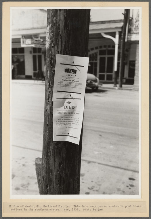 Notices of death, Saint Martinville, Louisiana. This is a very common custom to post these notices in the Southern states