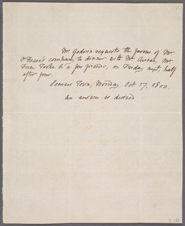 Autograph note to Prince Hoare, 17 October 1803