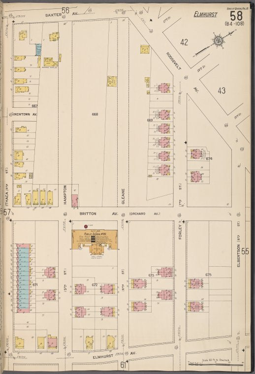 Queens V. 10, Plate No. 58 [Map bounded by Baxter Ave., Roosevelt Ave., Elbertson, Elmhurst Ave., Ithaca]