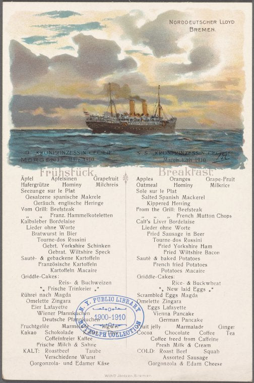 BREAKFAST [held by] NORDEUTSCHER LLOYD BREMEN [at] ABOARD KRONPRINZESSIN CECILIE (STEAMSHIP)