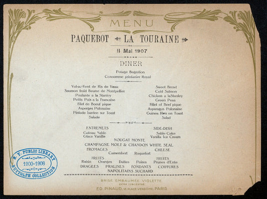 DINER/DINNER [held by] CIE. GLE. TRANSATLANTIQUE [at] "ON BOARD ""LA TOURAINE""" (SS;)