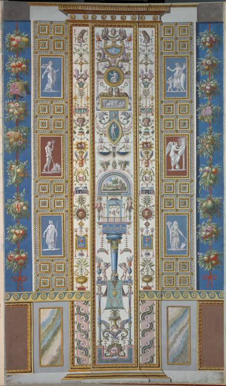 Pilaster; central decoration contains scenes of ruins, mythical creatures, large blue column