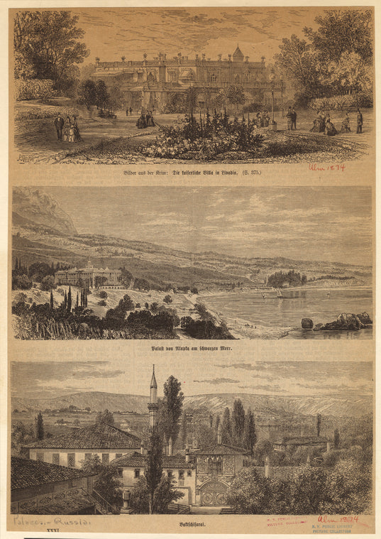 Bilder aus der Krim : Die kaiserliche Villa in Livadia ; Palast von Alupka am scwarzen Meer ; Baktschisarai
