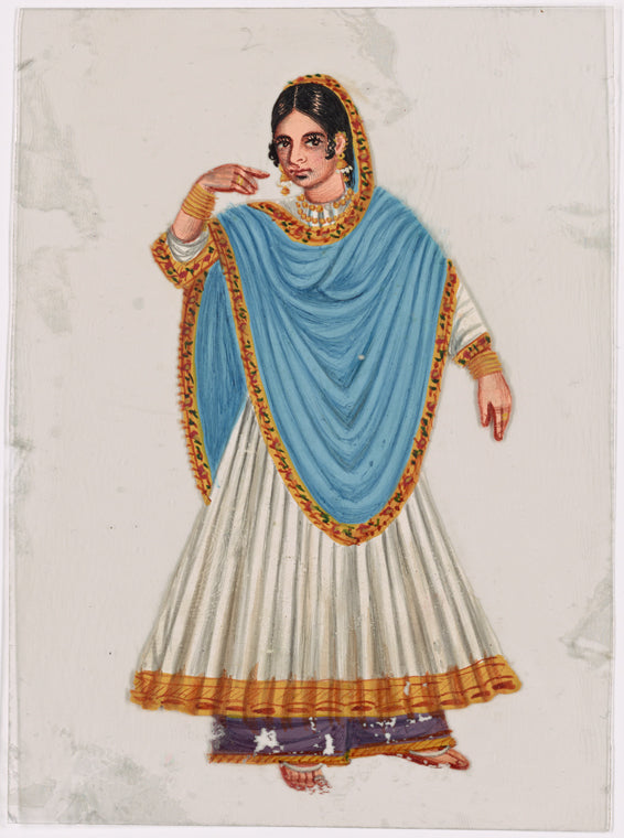 Dancing girl in white skirt and blue scarf, right arm raised