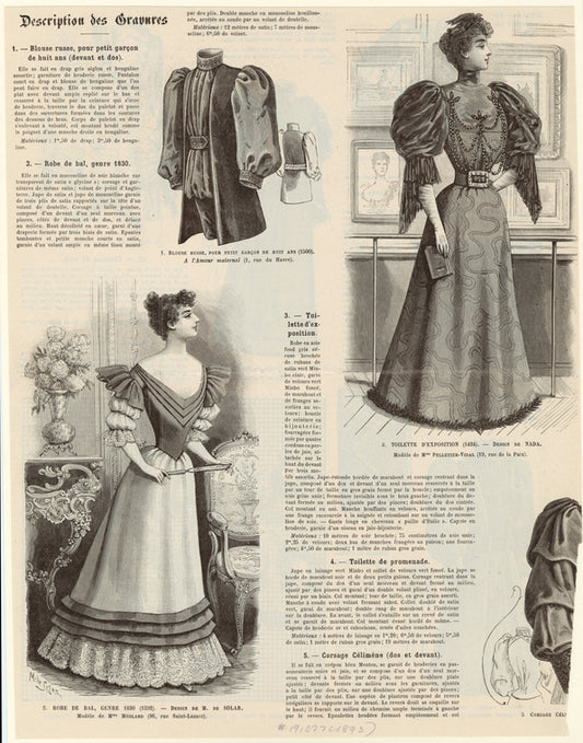 Blouse russe, pour petit garçon de huit ans (1500) ; Robe de bal, genre 1830 (1392) ; Toilette d'exposition (1424) ; Corsage …