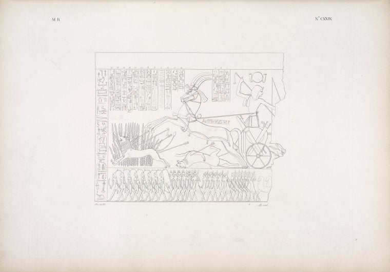Segue la rappresentazione delle conquiste di Ramses IV [Ramses III] a Medinet-Abu [Medinet Habu], cominciate nelle ultime sei tavv. della dispensa ventesimasesta]. Combattimento coi leoni.