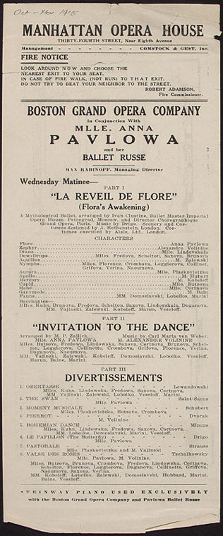 Program for Anna Pavlova's appearance at the Manhattan Opera House